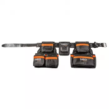 NEO TOOLS 84-330 Professionelt Værktøjsbælte med 12 Lommer, Heavy-Duty-Polyester, Hurtigspænde, Justerbar 80-120 cm, sort/grå