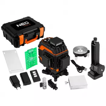 NEO TOOLS 75-140 3D-lasernivellerer, 12 grønne linjer, 3 x 360°, genopladelig, med transportkuffert, målplade, magnetbeslag, oplader