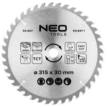NEO TOOLS 315 mm TCT rundsavklinge, 40 tænder, 30 mm boring, træsnit