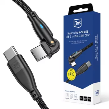 3MK Hyper Cable N-SERIES USB-C til USB-C 2m 20V/3A 60W sort - drejelig
