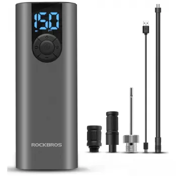 ROCKBROS elektrisk cykelpumpe med LED-display, USB-C-opladning, 150 PSI, Presta/Schrader/Dunlop, sort