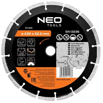NEO TOOLS 230 mm lasersvejset segment-diamantskæreblad til beton og sten, 22,2 mm boring