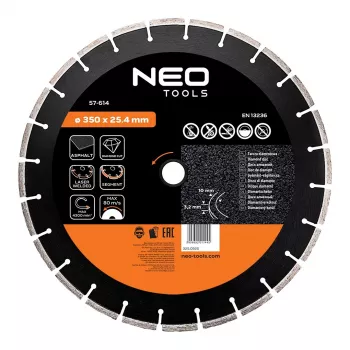 NEO TOOLS 350 mm lasersvejset segment-diamantskæreskive, 25,4 mm boring, til beton, asfalt, sten