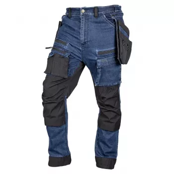 NEO TOOLS Denim-arbejdsbukser med Cordura-forstærkninger og aftagelige hylsterlommer, Marineblå, Størrelse S