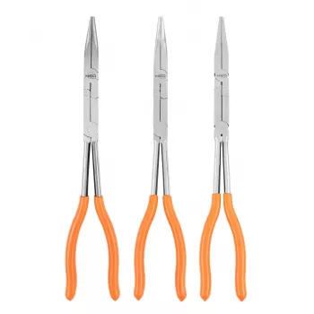 NEO TOOLS 01-293 dobbeltleddet tangsæt, 3 dele, chrom-vanadium-stål, 280 mm, lige, 45° og 90° bøjet spids, ergonomiske skridsikre greb