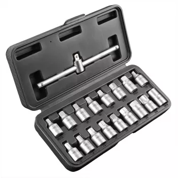 NEO TOOLS olieaftapningsnøglesæt 3/8 inch drev, 18-delt, chrom-vanadium, firkant/sexkant/Torx/not-topnøgler, plastkuffert