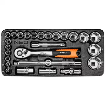 NEO TOOLS 84-238 1/2 inch topnøglesæt 27-delt med skralde, forlængere, kardanled, glidestang og kuffert | CrV-stål | 10-32 mm
