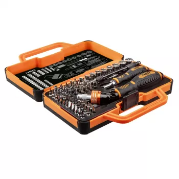 NEO TOOLS 69-delt skruetrækker-bitssæt med skraldegreb, S2-stålbits, 1/4 inch sekskant, Phillips, Pozidriv, kærv, Torx, unbrako, firkant, spanner, Tri-Wing, Torq-Set, magnetisk holder, opbevaringskuffert