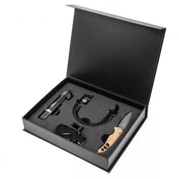 NEO TOOLS 3-delt outdoor-overlevelsessæt med 120 lumen COB LED-pandelampe, 5-i-1 paracord-armbånd og foldekniv i rustfrit stål