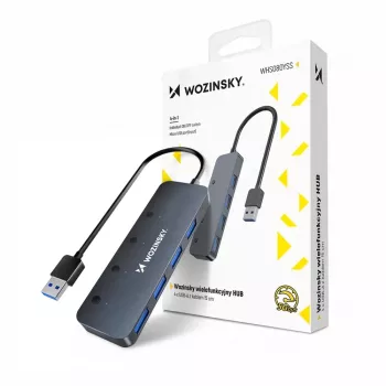 Wozinsky WHS080YSS 4-port USB-A 3.0 hub med individuelle kontakter, aluminium, grå, 15 cm kabel