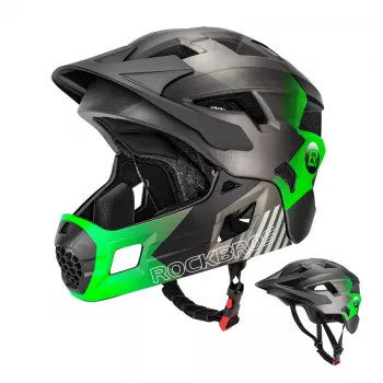 Rockbros TS-61 børnecykelhjelm, konvertibel med aftagelig hagebeskytter, grøn, størrelse M (54-57 cm)
