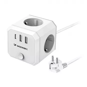 Wozinsky WKZ-3B 4-vejs Power Cube med 2 USB-A og 1 USB-C, 4000 W, 1,8 m kabel, hvid