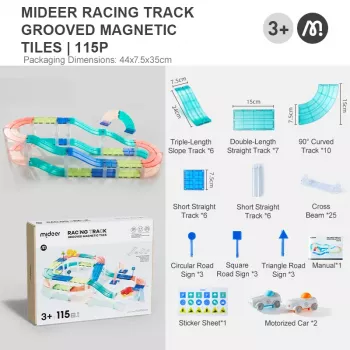 Mideer MD6395 Magnetic Racing Track Set with 2 Cars, 115 Pieces, 3+ Years
