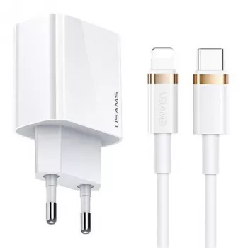 USAMS T34 20W USB-C PD væglader med U63 USB-C til Lightning-kabel kit - hvid