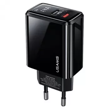 USAMS 20W dual-port USB-C PD3.0 + USB-A QC3.0 vægoplader (EU-stik, sort)