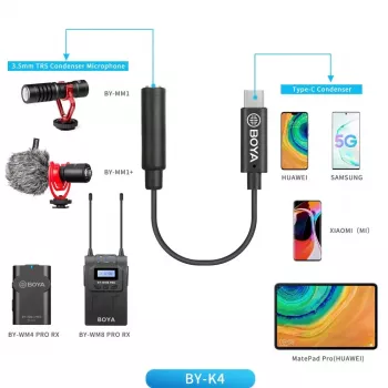 BOYA BY-K4 3,5-mm-TRS-hun til USB-C-han adapterkabel til mikrofoner (6 cm, sort)