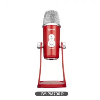 BOYA BY-PM700R USB-kondensatormikrofon med kugle-, nyre-, ottetals- og stereo-retningskarakteristik, 3,5-mm-hovedtelefonudgang, lydstyrkekontrol, mute-knap og integreret bordstativ