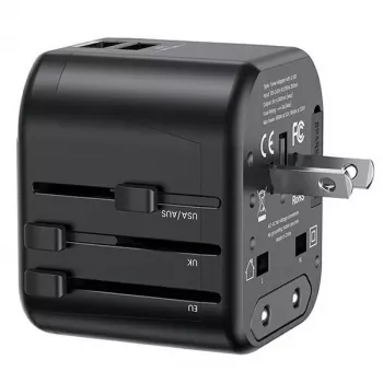 USAMS T55 universel rejseoplader 2xUSB 12W US/AU/EU/UK sort CC173TC01