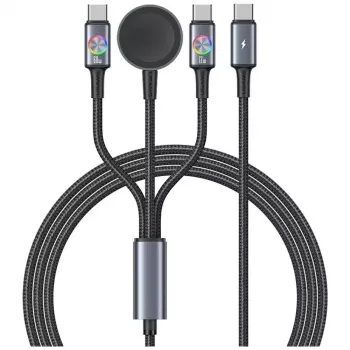 USAMS Huan Series SJ754 72W USB-C til USB-C-kabel med integreret magnetisk trådløs smartwatch-opladning, sort, 1,2 m