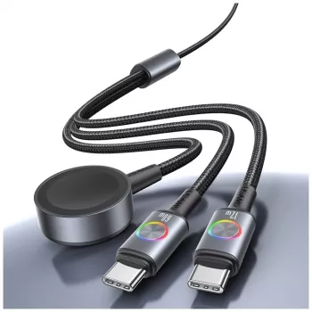 USAMS Huan Series SJ754 72W USB-C til USB-C-kabel med integreret magnetisk trådløs smartwatch-opladning, sort, 1,2 m