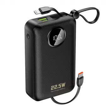 DUDAO K14+ 20000mAh 22.5W powerbank med integrerede Lightning- og USB-C-kabler - sort