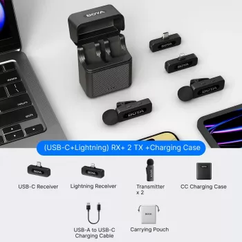 BOYA BY-V3 Combo 2,4 GHz trådløst mikrofonsystem med 2 sendere og 2 modtagere (Lightning & USB-C) - sort
