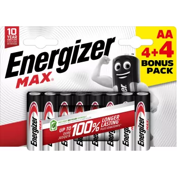 Energizer Max AA Alkaline Batteries, 1.5 V, 8 Pack (4+4)