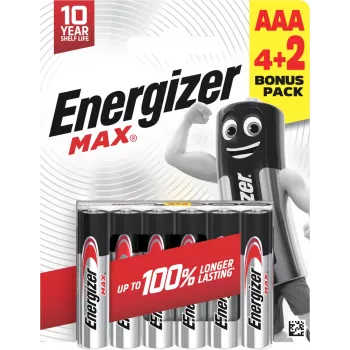 Energizer Max AAA alkaline-batterier, 1,5 V, 6-pak (4+2)