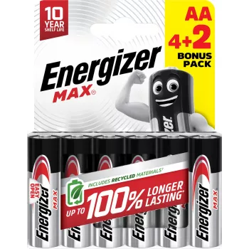 Energizer Max AA Alkaline Batteries, 1.5 V, 6 Pack (4+2)