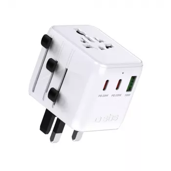 SBS universal-rejseadapter med 2x USB-C PD 20W og 1x USB-A QC 18W, 35W samlet effekt, hvid