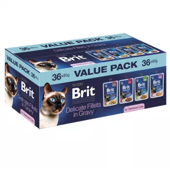 Brit Delicate Fillets in Gravy til steriliserede katte – 36 x 85 g poser