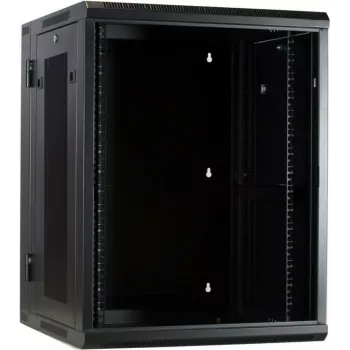 DSIT 15U vægmonteret serverskab med glasdør og perforerede sidepaneler, 600x600x770 mm, sort