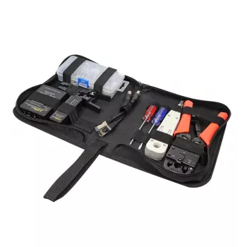 DSIT DC-TOOLSET-PRO professionelt netværksværktøjssæt med crimpetang, tester, LSA-påsætningsværktøj, tænger, skruetrækkere, stik og lynlåsetui