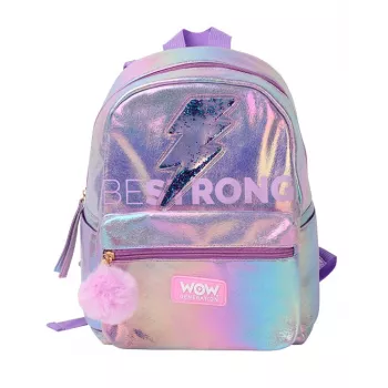 Holo Wow Holographic School Backpack for Girls with Pompom and Adjustable Straps WOW00048
