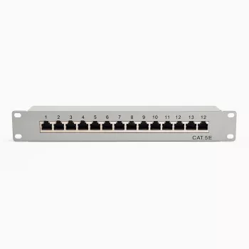 DSIT 10 inch 12-port Cat5e STP patchpanel – 1U rackmontering, afskærmet RJ45, sort