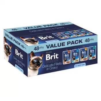 Brit Delicate Fillets in Gravy til Voksne Katte - 48x85g Multipak (Kylling, Oksekød, Kalkun, Laks)