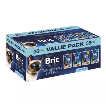 Brit Delicate Fillets in Gravy til Voksne Katte - Blandet Kød & Fisk, 36 x 85 g Poser