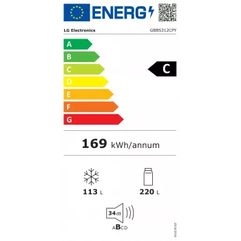 LG GBBS312CPY fritstående kombiskab med fryserum, Total No Frost, rustfrit stål, energieffektivitetsklasse C, 333L