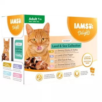 EUKANUBA IAMS DELIGHTS Land & Sea Collection i Sovs Vådfoder til Katte – 12x85g Poser (Laks & Torsk, Kylling & Kalkun, Lam & rød Peberfrugt)