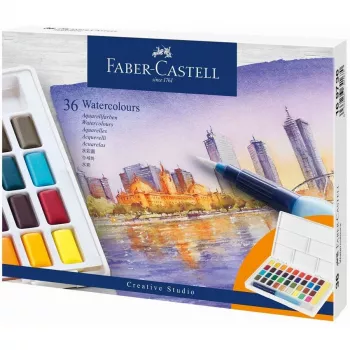 Faber-Castell Creative Studio akvarelmalesæt, 36 farver i faste pander med pensel og svamp, blandepalette i låget, student grade, transparent, genopfyldelig, transportabel plastæske