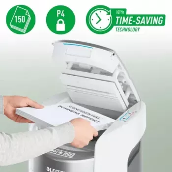 Leitz IQ Optimax AutoFeed 150 P-4 makulator med 150-arks auto-fremføring og 15L beholder, sort