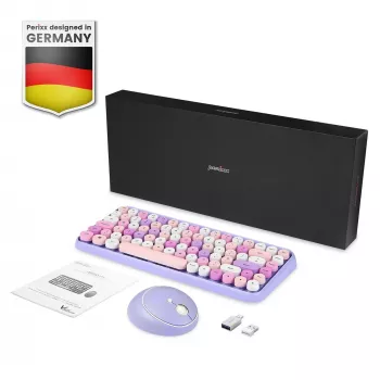 Perixx PERIDUO-713PP DE Wireless Mini Keyboard and Mouse Set, Retro Vintage Design, Purple, German Layout