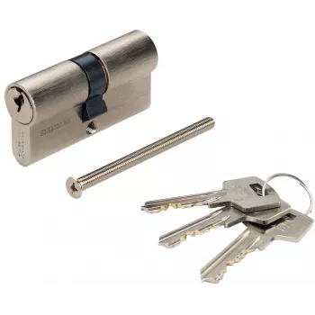 PSG 63.63030.MN Euro-profil dobbeltcylinderlås, massiv messing, satineret nikkel, 30/30 mm, 3 nøgler