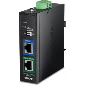 TRENDnet TI-SG704 10G PoE++ splitter industrial, 802.3bt Type 4, 12V/24V/48V DC-udgang, DIN-skinne-/vægmontering, IP30 metal