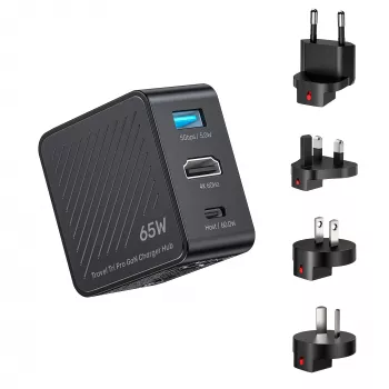 UNITEK P1242ABK01 GaN 3-in-1 Travel Charger Hub 65W with 4K@60Hz HDMI, USB-A and USB-C