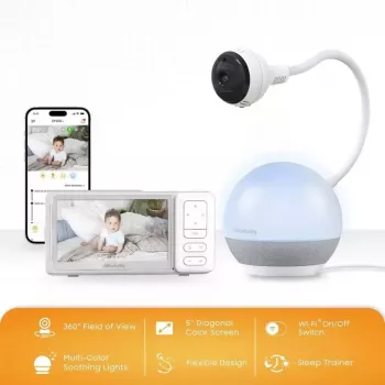 Chillax DM 610 video-babyalarm med giraf-humør-søvntræner - 2,8 inch farve-LCD, 2,4 GHz FHSS, 300 m rækkevidde, nattesyn, talefunktion, temperatursensor, vuggeviser, natlampe, vægmonterbar, hvid