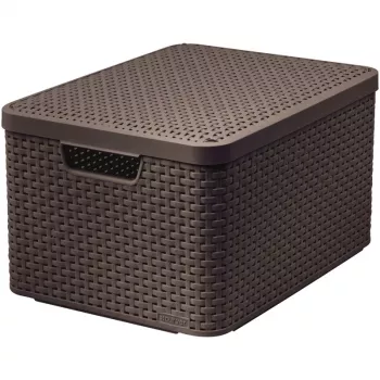 CURVER Style L opbevaringsboks med låg, 43,6 x 32,6 x 23 cm, mørkebrun, 32,67 L, foldbar, stablebar, stofhåndtag