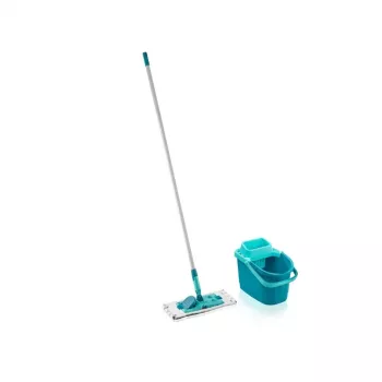LEIFHEIT Clean & Compact gulvrengøringssæt med fladmoppe og fodpedal-vride, 8L spand, mikrofiberhoved, 33cm, hvid/blå