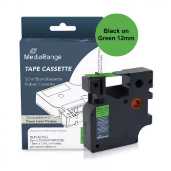 MediaRange Plastik-mærkebåndskassette, erstatter Dymo D1 45019/S0720590, 12 mm x 7 m, lamineret, permanent klæbende, sort på grøn (MRDY45019)