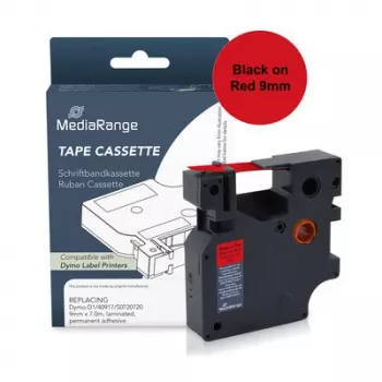 MediaRange plastmærkebåndskassette, erstatter Dymo D1 40917/S0720720, 9 mm x 7 m, lamineret, permanent klæbende, sort på rød (MRDY40917)